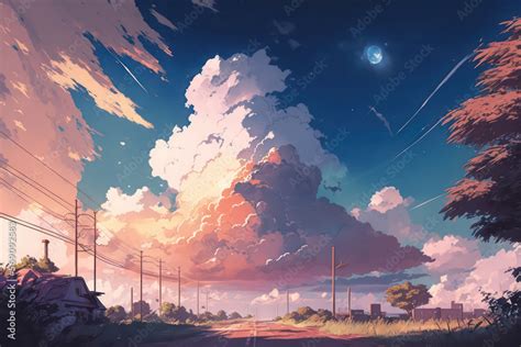 Sky with beautiful sunset light. Fantasy sky anime art style wallpaper background. Cloudy day in ...