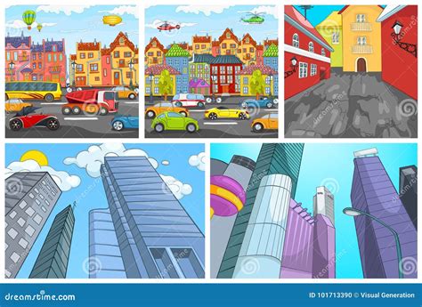 Vector Cartoon Set of City Backgrounds. Stock Vector - Illustration of house, real: 101713390