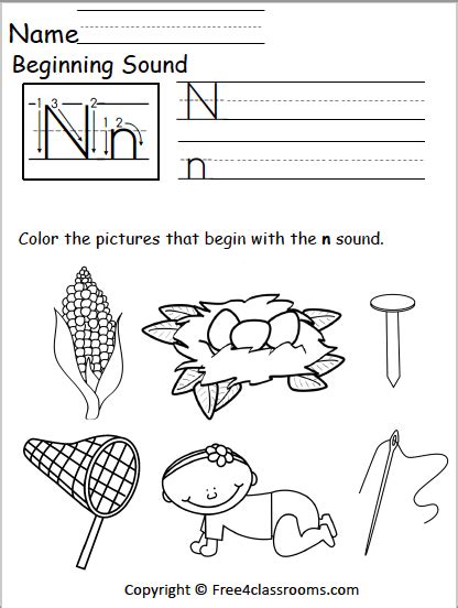 Free Beginning Sounds Worksheet - Letter N - Free Worksheets - Free4Classrooms