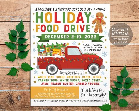 Holiday Food Drive Flyer Invitation Editable Template, Christmas Xmas Food Drive Poster ...