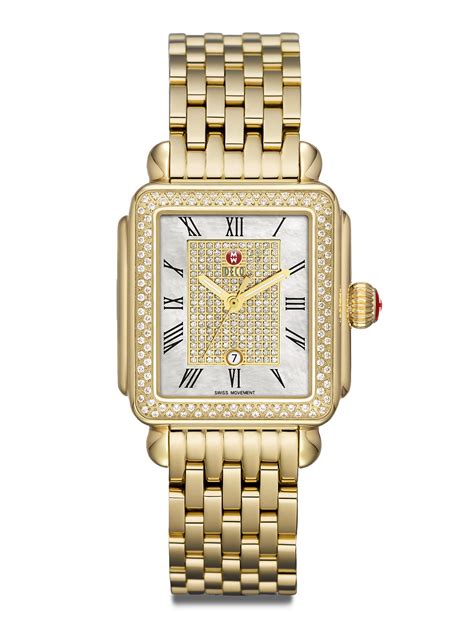 Michele Deco Diamond Stainless Steel Rectangular Bracelet Watch in Gold | Lyst