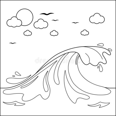 Sea background with big wave. Vector black and white coloring page. Wave in the ocean. Vector ...