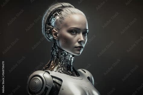 ภาพประกอบสต็อก a woman half-robot or a humanoid android with artificial intelligence parts or a ...