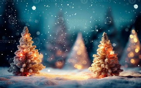 Beautiful tiny and snowy Christmas trees for wallpaper with copy space. Festive decoration ...