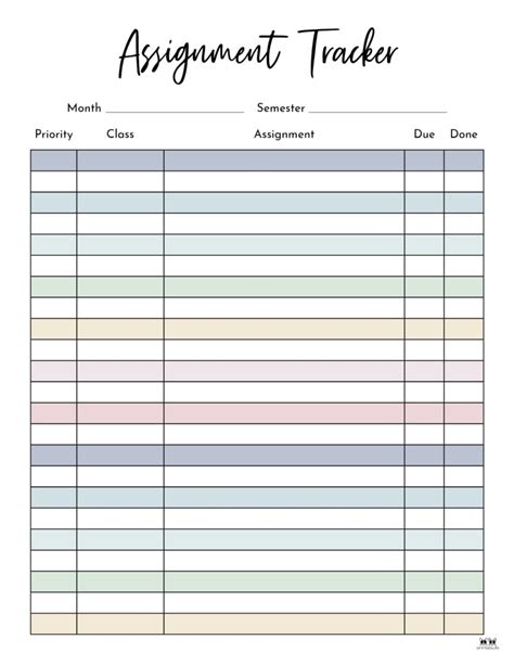 Assignment Trackers - 12 FREE Printables | Printabulls