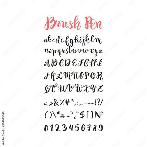 Brush pen handwritten alphabet, letters, numbers and symbols, vector font, handmade, lettering ...