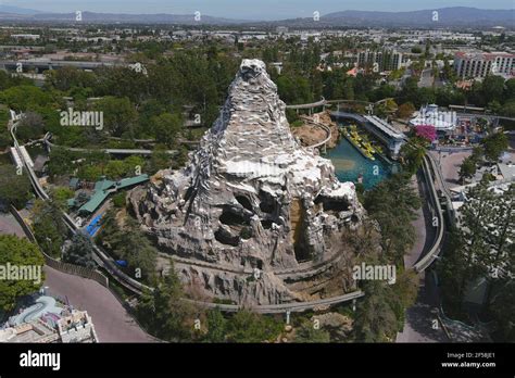 An aerial view of the Matterhorn bobsleds ride at Disneyland Park, Wednesday, March 24, 2021, in ...