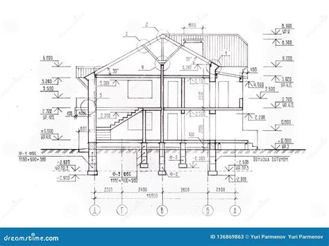 Architectural Plan of the Cottage. Building Facade, Front View, Detailed Working Drawing Stock ...