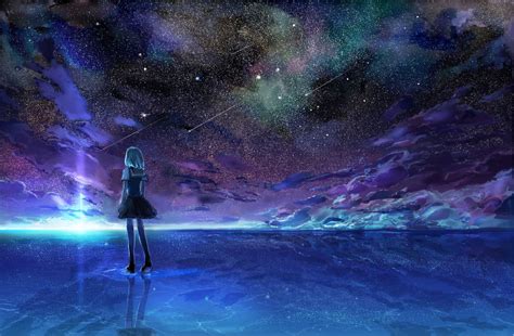 Original clouds night scenic seifuku sky stars water wallpaper | 1592x1044 | 99450 | Sky anime ...