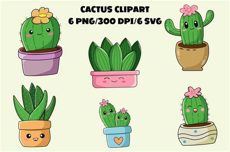 Kawaii Cactus Clipart Set Cute Cactus Sublimation Designs 6 - Etsy