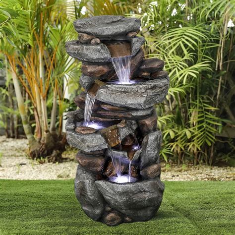 Stacked Rock Outdoor Water Fountain with LED Lights - Rockery Cascading Outdoor Waterfall ...