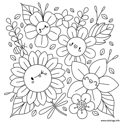 Coloriage fleurs printemps kawaii facile - JeColorie.com