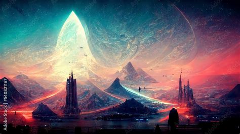 futuristic space planet landscape HD wallpaper desktop background Stock Illustration | Adobe Stock