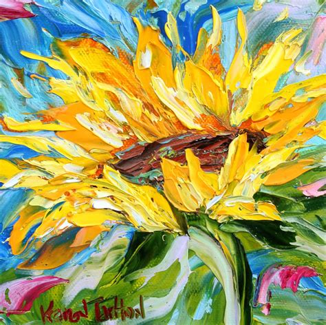 Sunflower painting, flower art, original oil palette knife impressionism on canvas fine art by ...