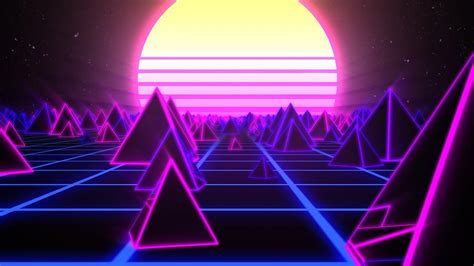 Retro Pyramids on 80s Synthwave Neon Landscape with Glowing Sun Digital Art by IncrediVFX Store ...