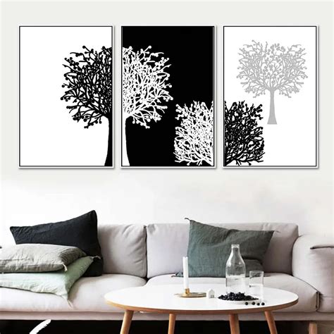 3 Piece Modern Minimalist Black White Panels Trees Canvas Painting Wall Art Decor Poster And ...