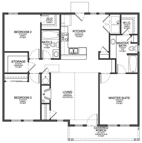 Floor Plan for Small 1,200 sf House with 3 Bedrooms and 2 Bathrooms — EVstudio, Architect ...