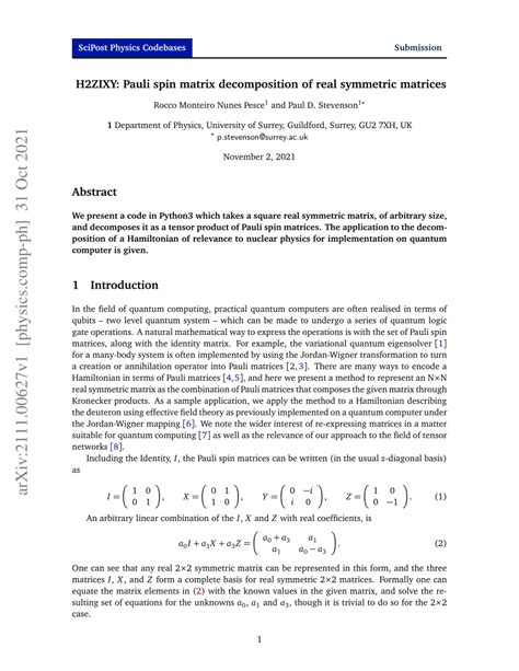 (PDF) H2ZIXY: Pauli spin matrix decomposition of real symmetric matrices