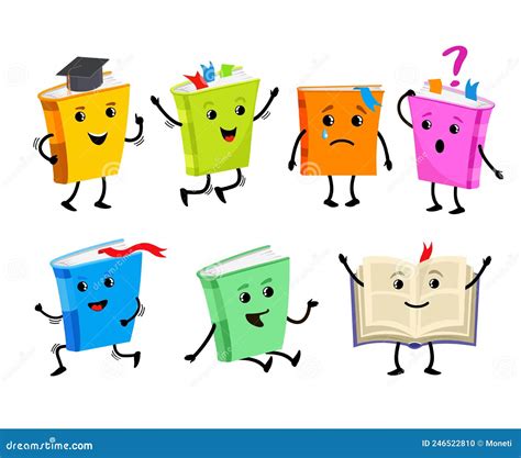 Set of Funny Book Characters. Cute Textbooks Literature Books with Sad Face Eyes Hands, Funny ...