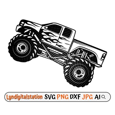 Monster Truck Svg Four-wheel Steering Clipart off Road Vehicle Cut File Oversized Tires Stencil ...