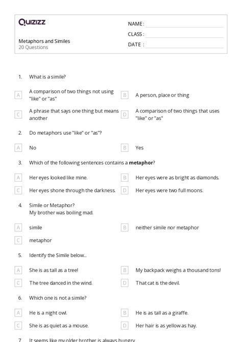 50+ Similes worksheets for 6th Grade on Quizizz | Free & Printable