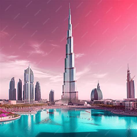 Premium AI Image | A city skyline with a large burj khalifa and a pink sky.