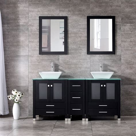 Wonline 60'' Double Bathroom Vanity Combo Set Double Porcelain Vessel Sink Solid Wood Cabinet ...