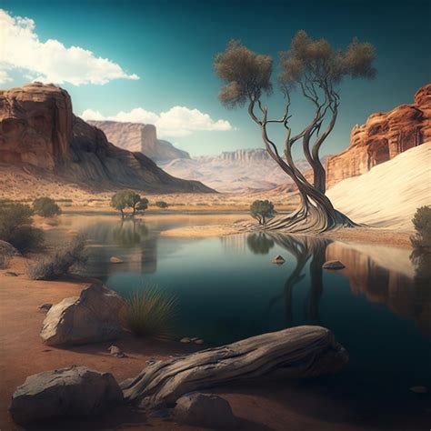 Premium AI Image | Realistic desert oasis scenery wallpaper design illustration