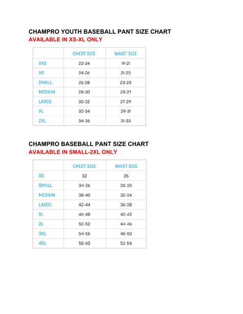 Youth Softball Pants Size Chart