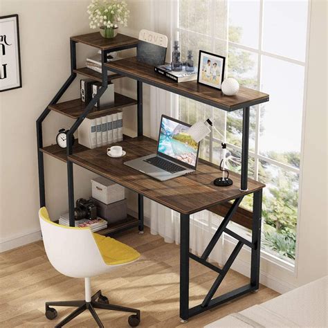 Computer Desk with 4-Tier Storage Shelves, 60 inch Large Rustic Office Desk Computer Table ...