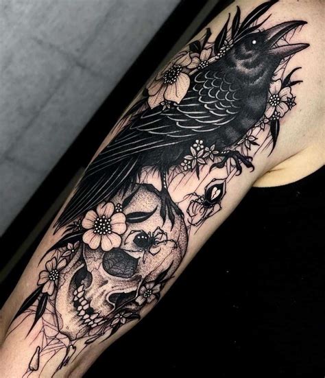 Evil Crow Tattoo Design With Flower Details Bild Tattoos, Dope Tattoos, Pretty Tattoos ...