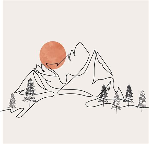 Minimalist Mountain Line Art, Landscape Outline Drawing, Sport Illustration, Vector Design ...