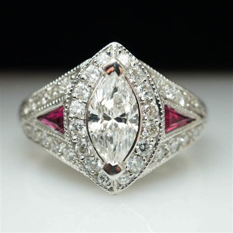 Vintage 2.40ctw Marquise Cut Diamond & Ruby Engagement Ring Marquise Halo Wedding Band Ring ...