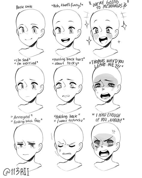 the stages of facial expressions for an anime character's face and head, with text above