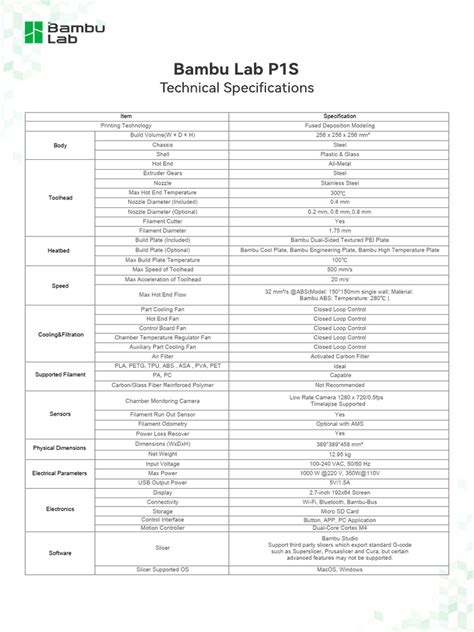 Bambu Lab P1S Tech Specs | PDF