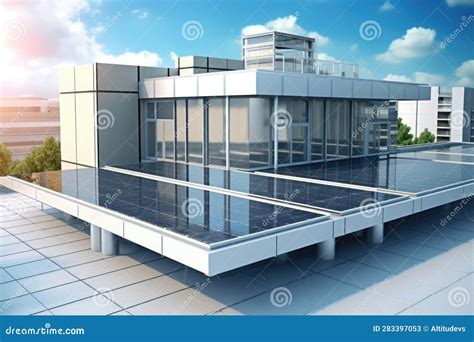 Solar Panels on Flat Roof of a Modern Building Stock Illustration - Illustration of cells, flat ...