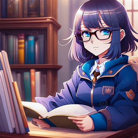 Anime Kawaii With Glasses Is Reading A Book In The Library Background, Kawaii Anime, Anime Girl ...