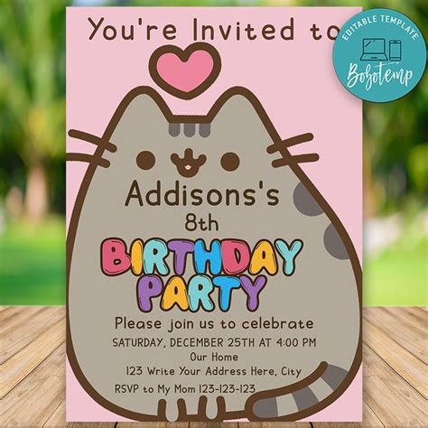 Pusheen Cat Birthday Invitations