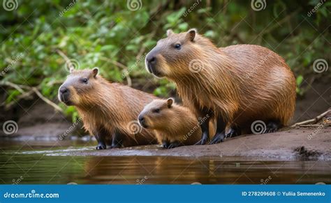 Capybara Family in Natural Habitat. Generated AI Stock Illustration - Illustration of amazonian ...