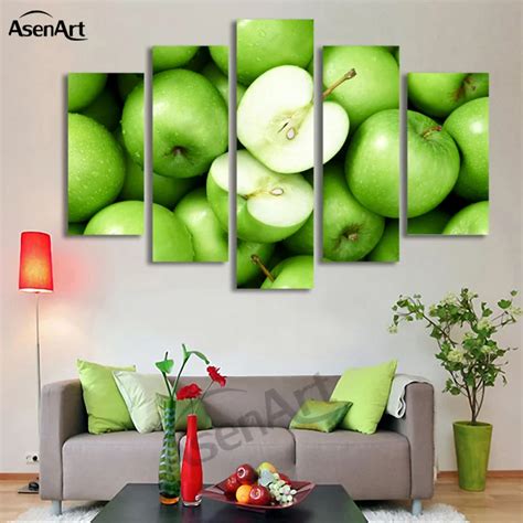 5 Panel Art Green Apple Modern Picture Fruit Oil Painting For Kitchen Wall Decor Canvas Prints ...