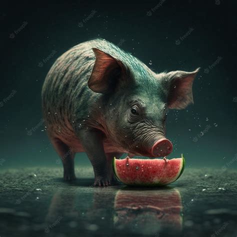 Premium Photo | A pig with a blue face is eating a watermelon.