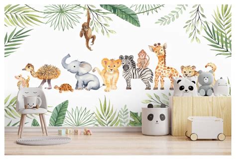 Tropic Leaves Cute Baby Animals Wall Mural