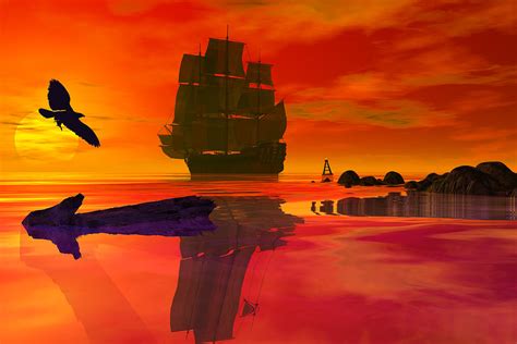 Red sails in the sunset Digital Art by Claude McCoy - Pixels