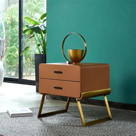 Modern Brown Nightstand 2 Drawers PU Leather Nightstand with Gold Legs-Homary