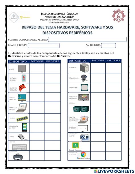 Hardware, software, dispositivos periféricos worksheet | Software, Powerpoint, Software online