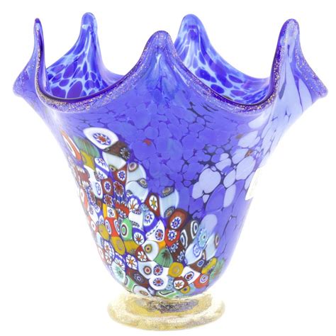 Murano Glass Vases | Murano Millefiori Art Glass Fazzoletto Vase - Blue