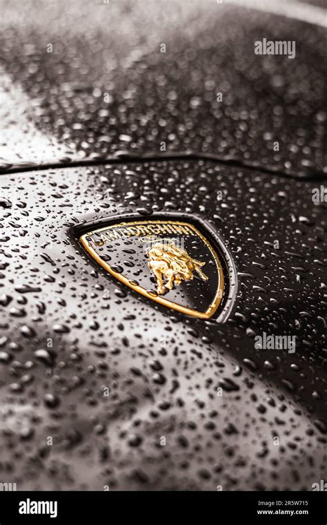 A black Lamborghini Huracan Spyder with a wet front logo badge is visible in a rainy setting ...