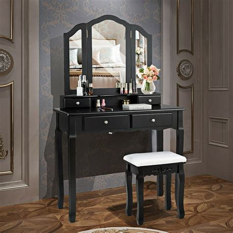 Gymax Bedroom Tri Folding Mirror Vanity Makeup Table Stool Set Black - Walmart.com - Walmart.com