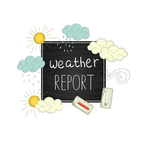 Vector weather report illustration. Cute doodle style picture of sun, wind, rain, snow, clouds ...