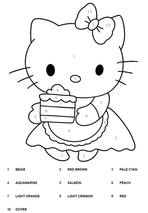 Hello Kitty with a cake color by number - Download, Print Now!